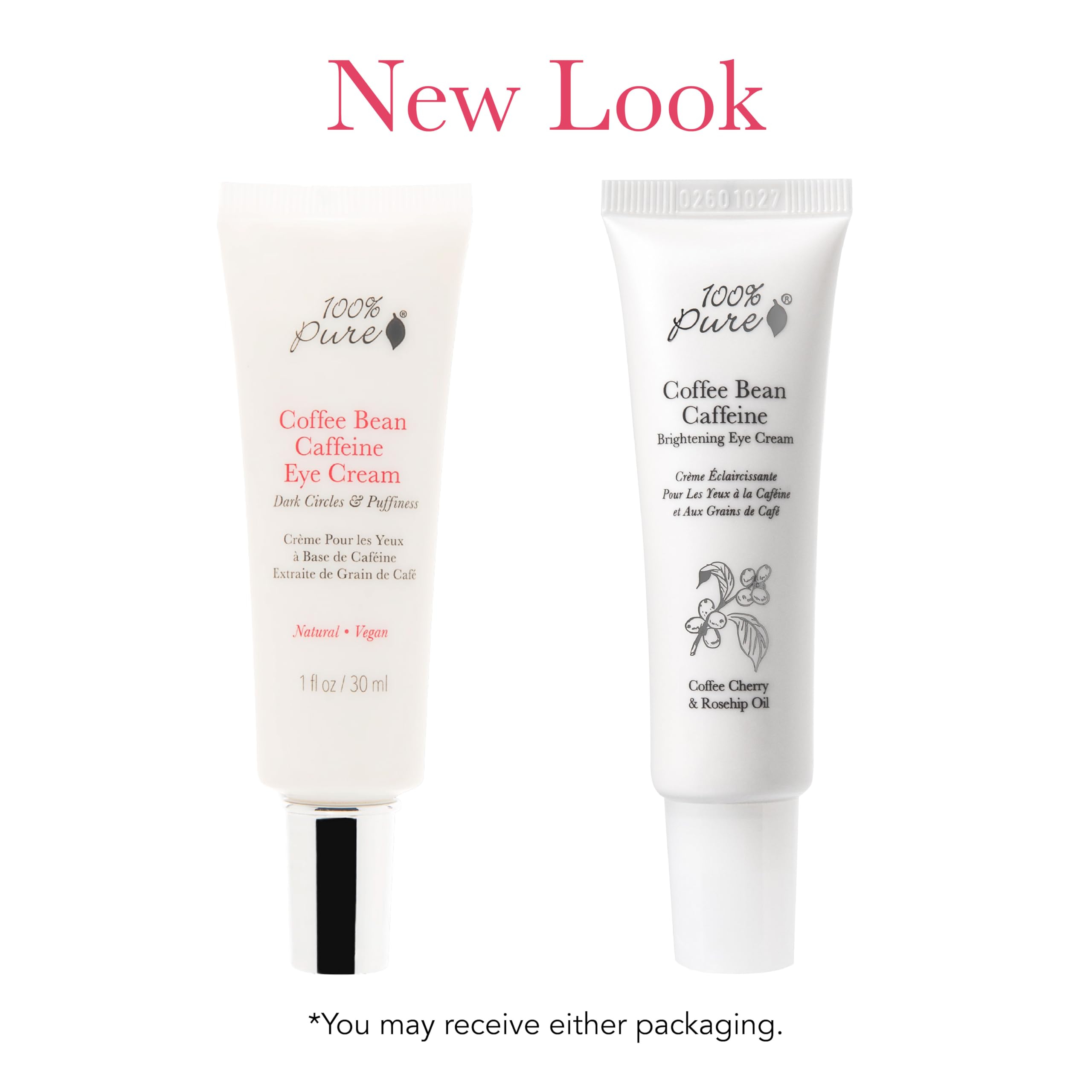 100% PURE Coffee Bean Eye Cream apply-under-eye image indicating cooling caffeine boost for puffy eyes
