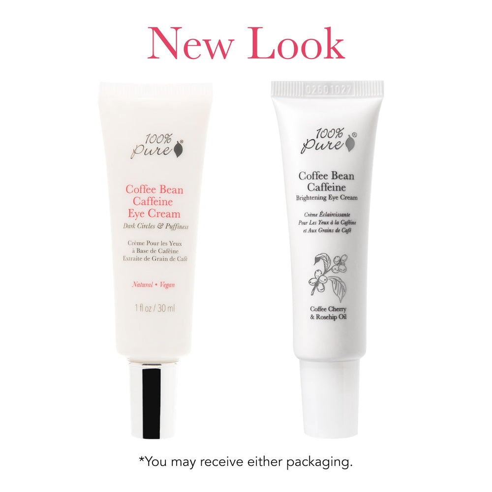 100% PURE Coffee Bean Eye Cream apply-under-eye image indicating cooling caffeine boost for puffy eyes