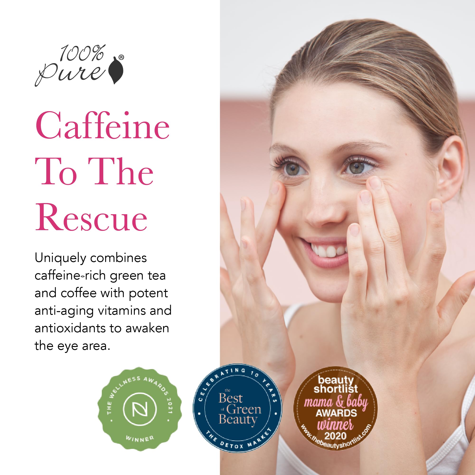 100% PURE Coffee Bean Eye Cream packaging highlights vegan cruelty-free care