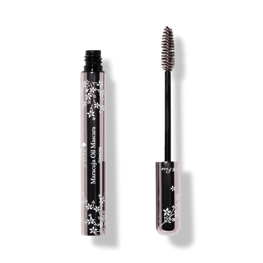 100% PURE Maracuja Mascara bottle shows dark chocolate pigment and clean vegan formula.