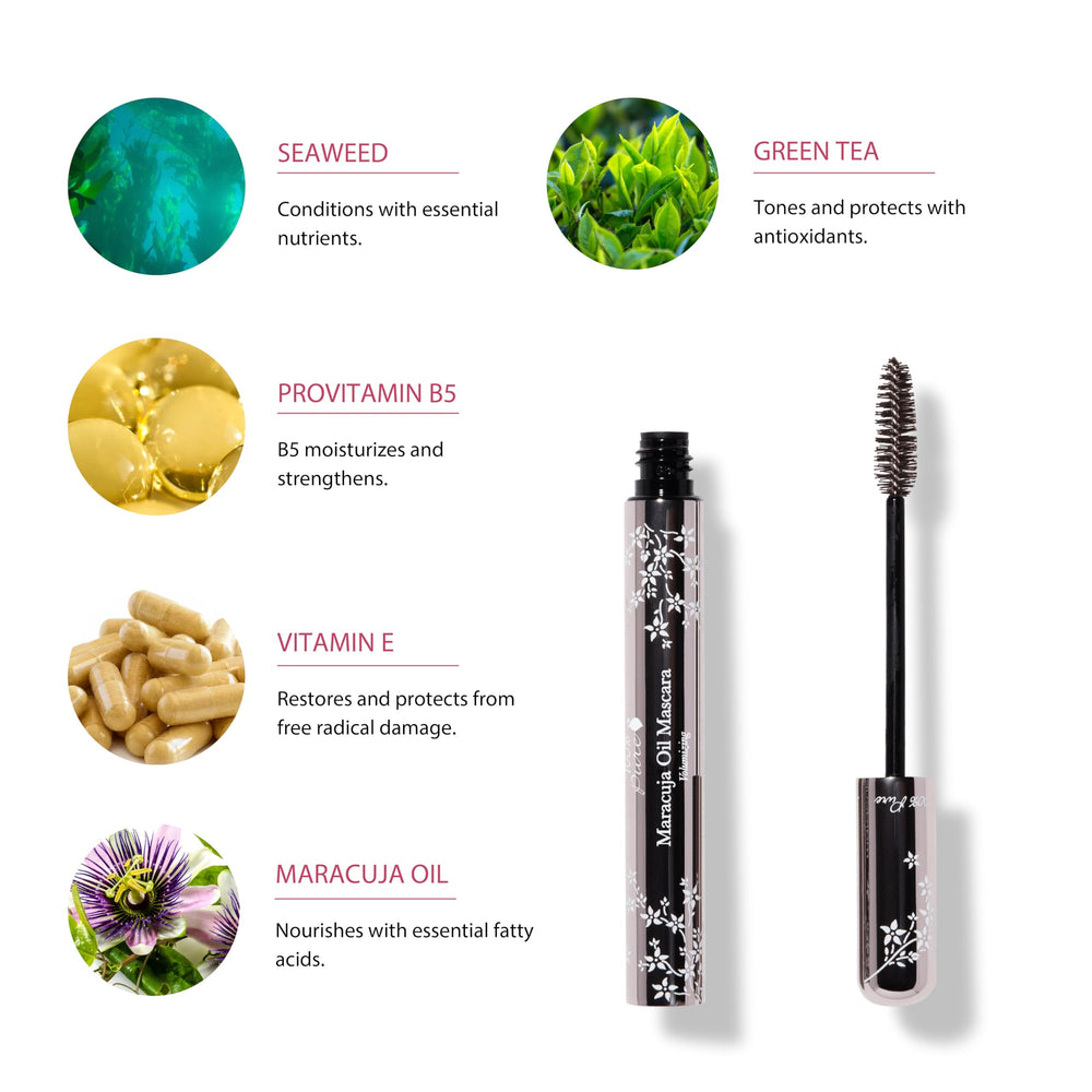 100% PURE Maracuja Mascara brush detail emphasizes tapered tip for feathered volume.
