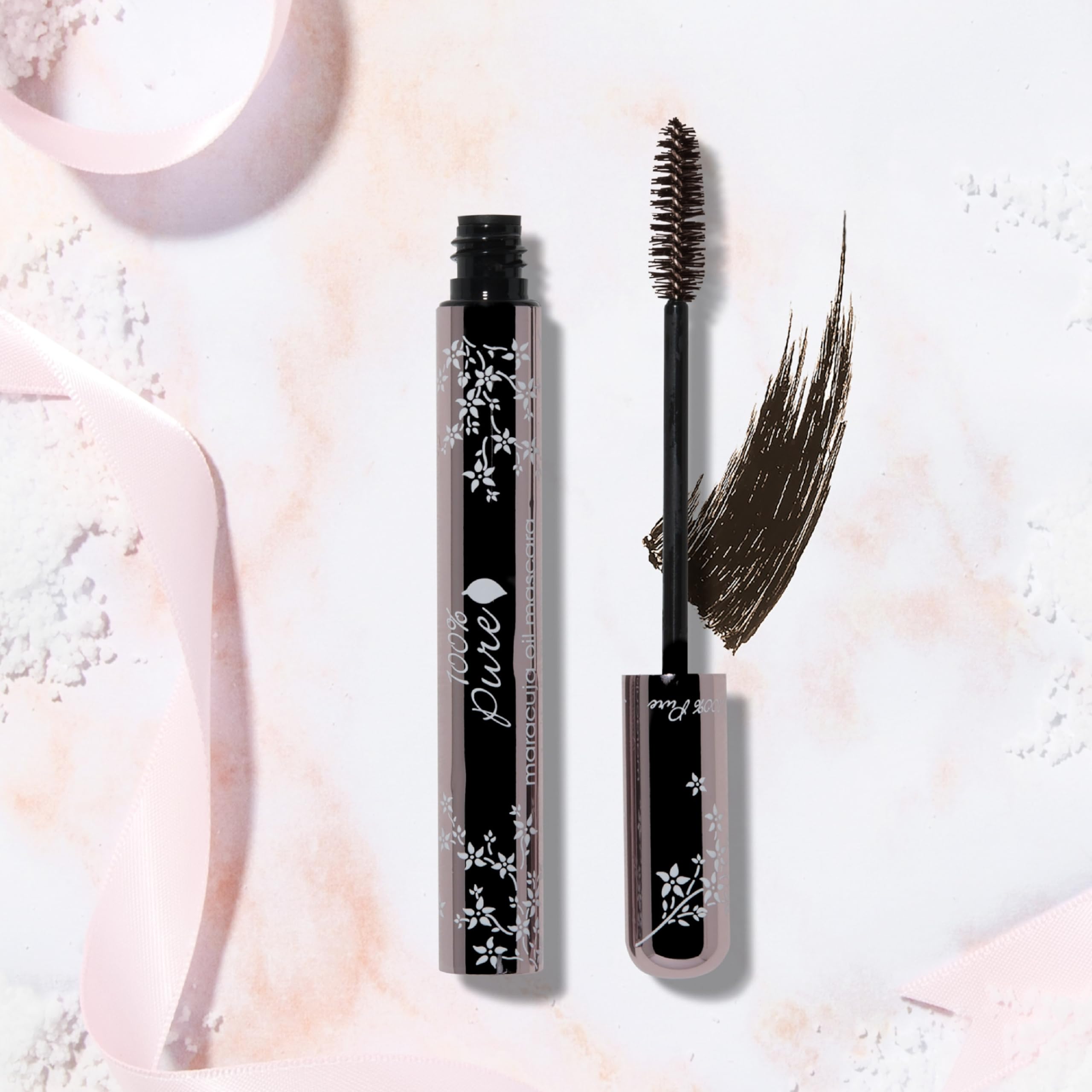100% PURE Maracuja Mascara packaging showcases cruelty-free, gluten-free, USA-made branding.