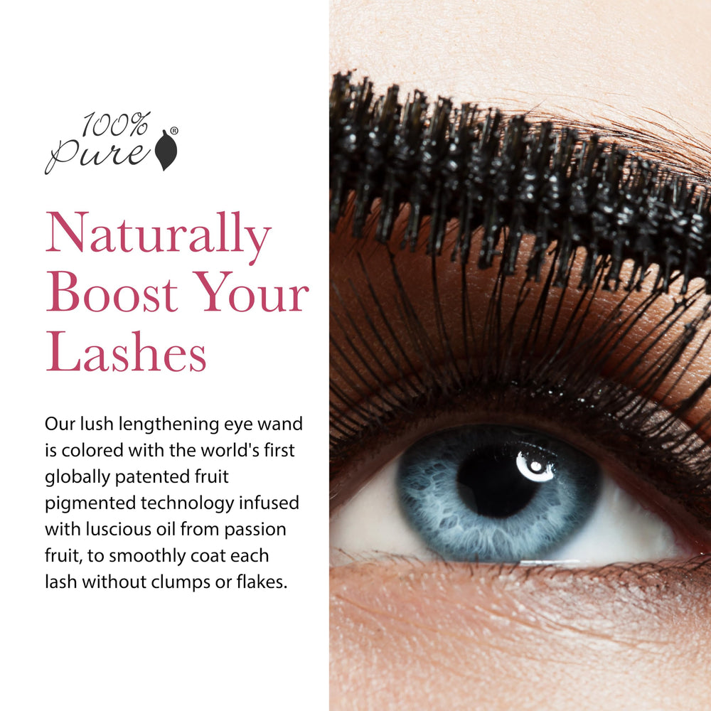 100% PURE Maracuja Mascara wand close-up highlights buildable length without clumps.