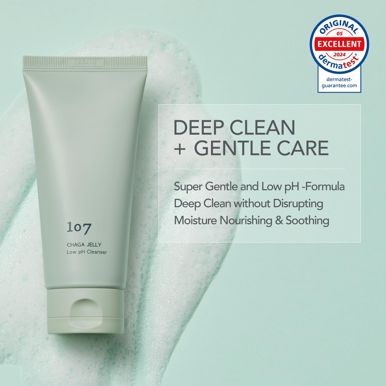 107 Gentle Gel Cleanser packaging shows 49% PCR materials and eco-friendly design