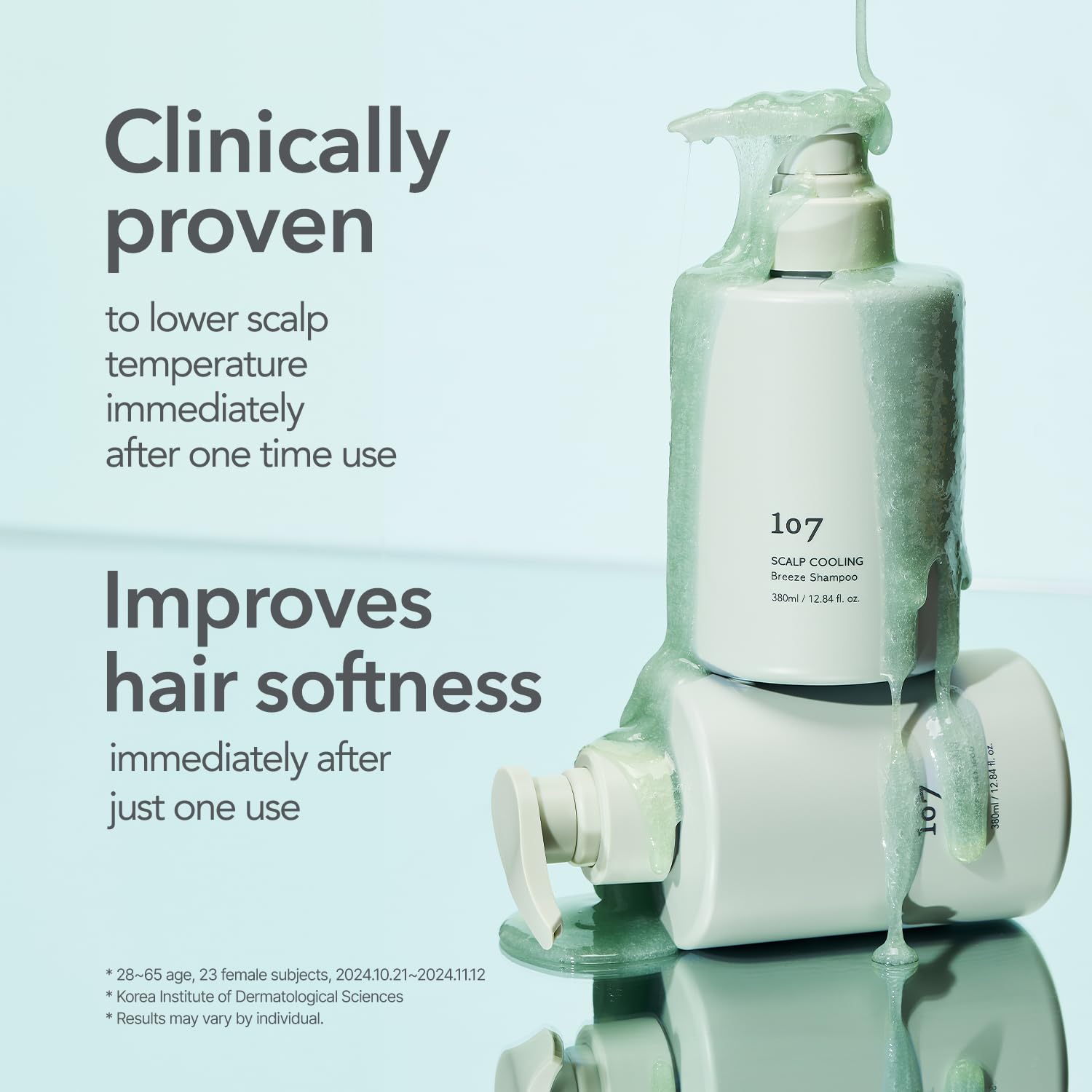 107 Scalp Cooling Breeze Shampoo oil blend closeup—sunflower, eucalyptus, mint moisturize hair.