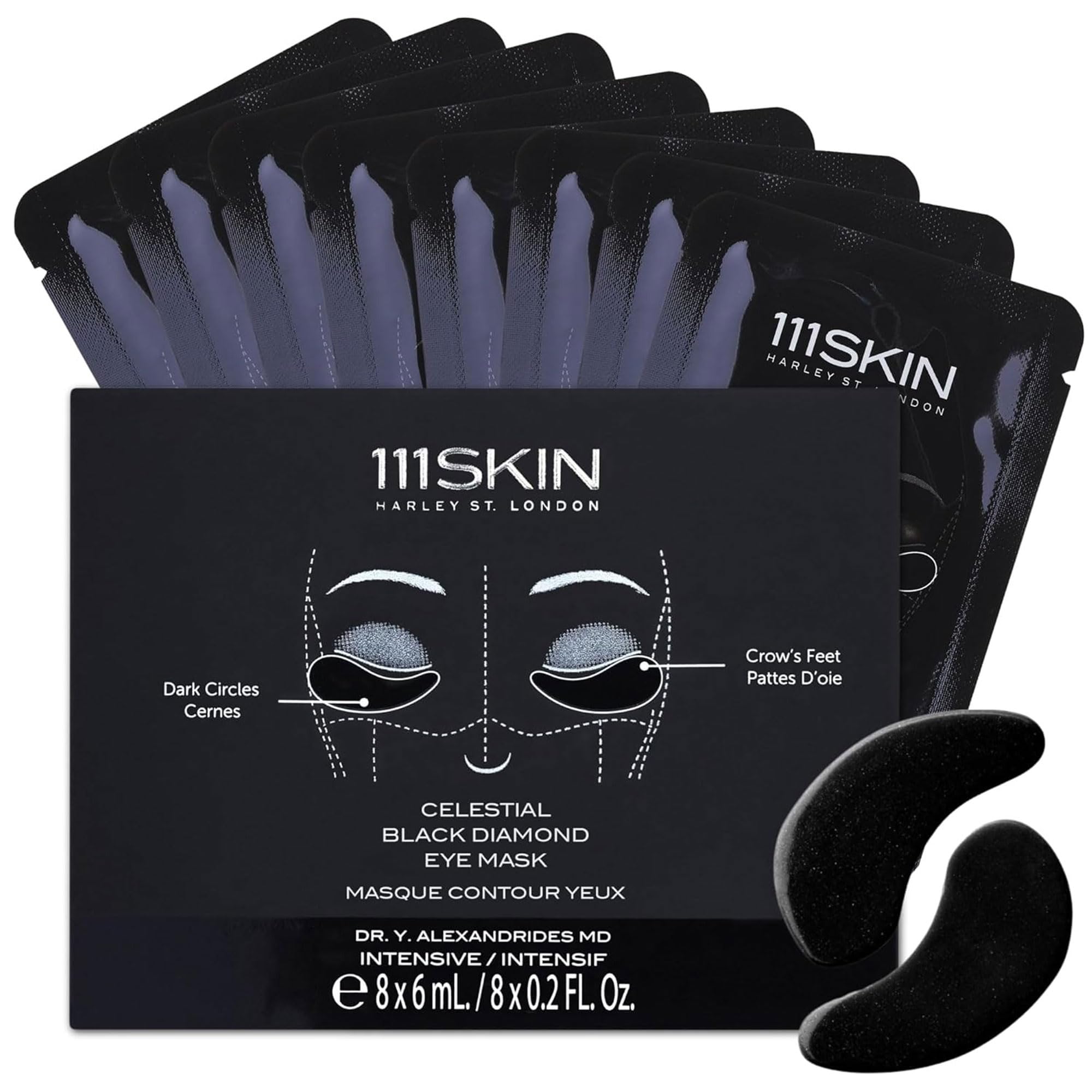 111SKIN Black Diamond Eye Mask packaging shows luxe hydrogel treatment for refreshed under-eye skin.