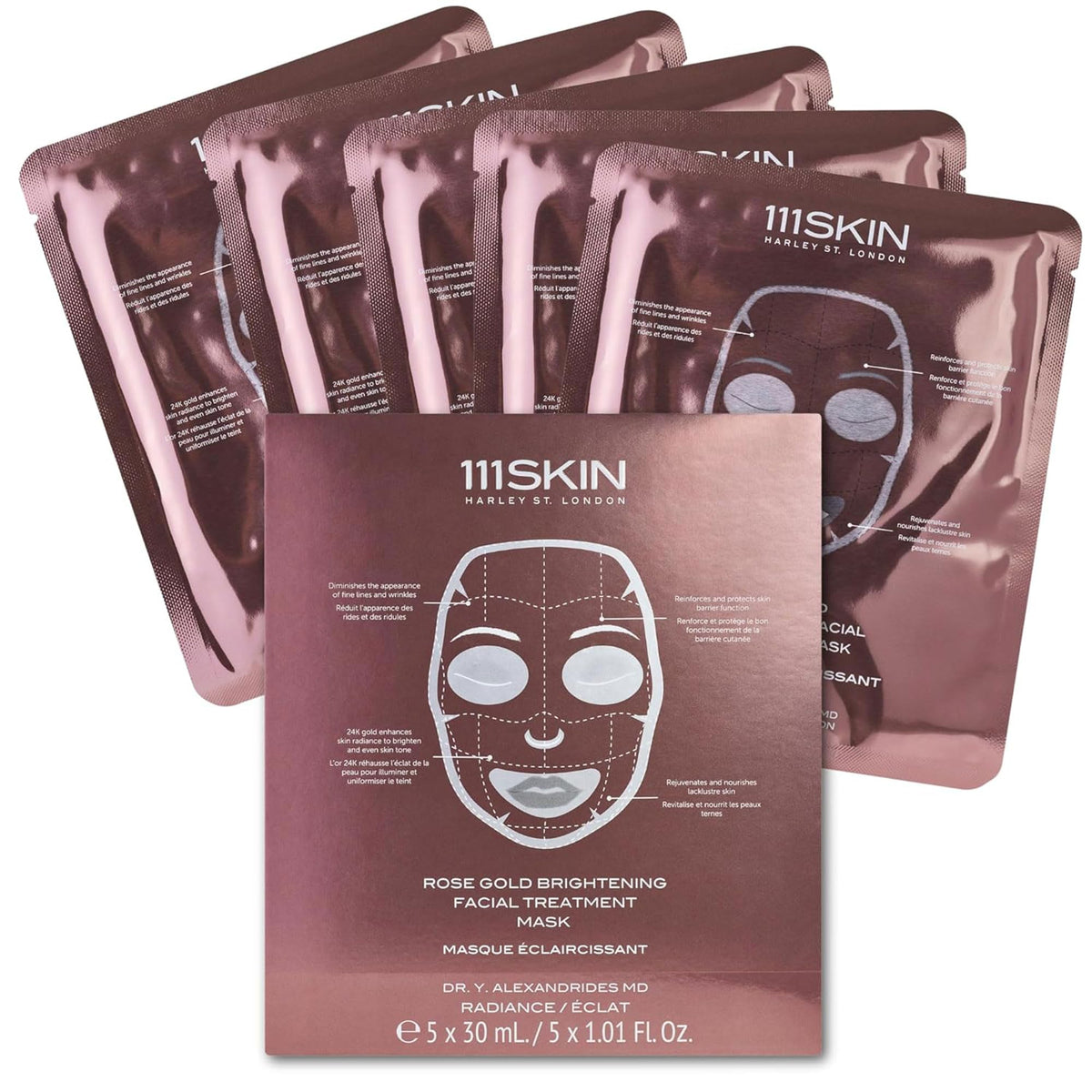 111SKIN Rose Gold Brightening Mask packaging highlights fragrance-free formula for sensitive skin.