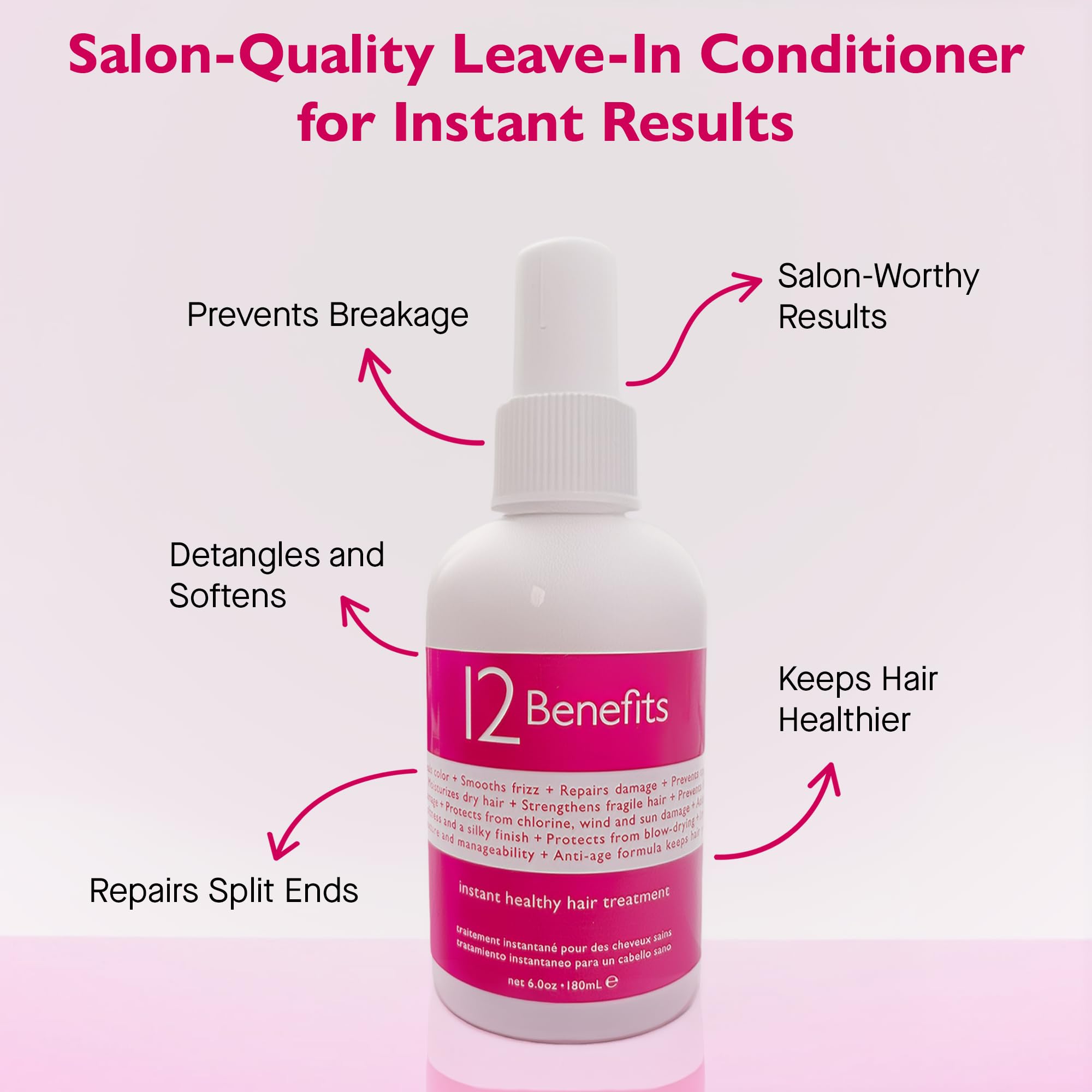 12 Benefits Leave-In Conditioner Spray bottle in use shows detangling performance