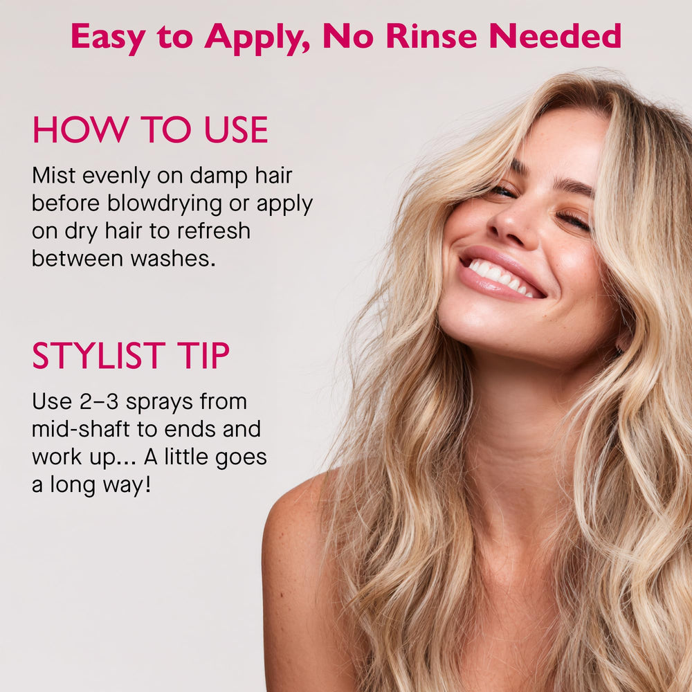 12 Benefits Leave-In Conditioner Spray misting on damp hair demonstrates heat protection
