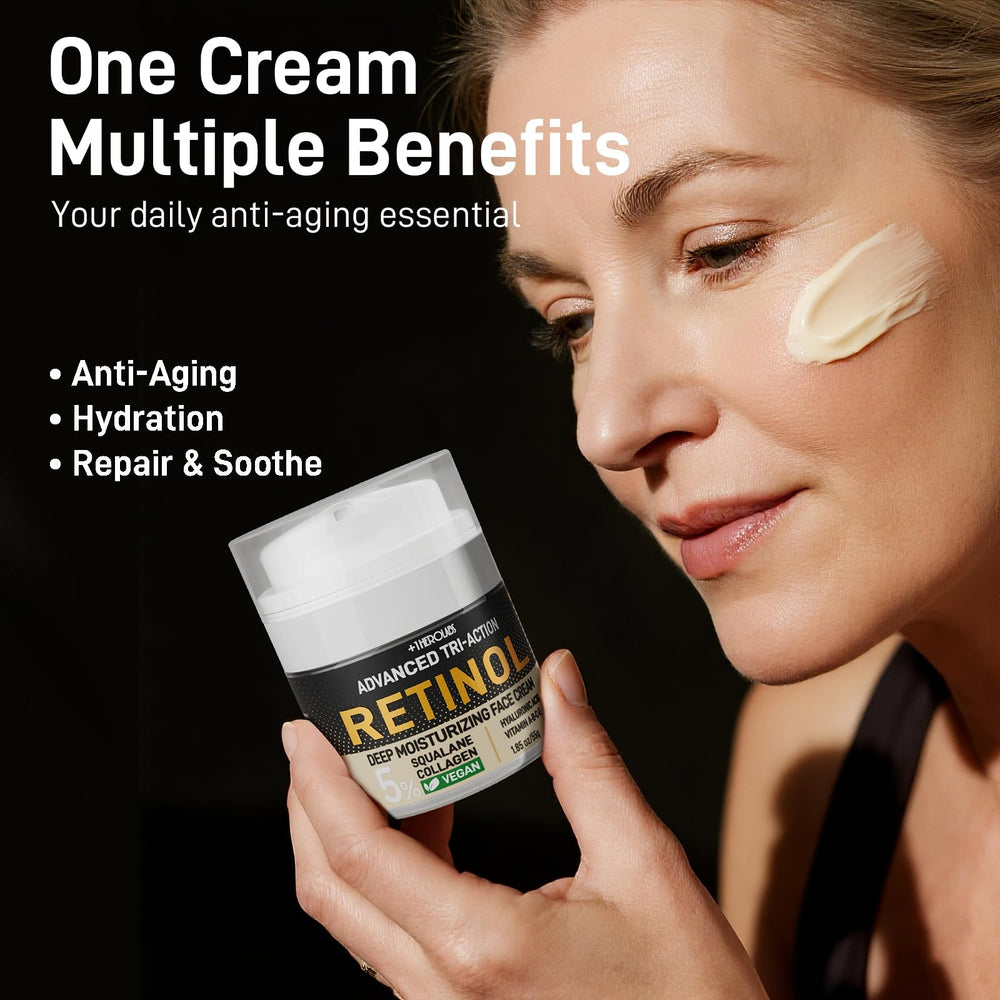 1HEROLABS Retinol Moisturizer jar closeup shows creamy texture for nightly hydration.