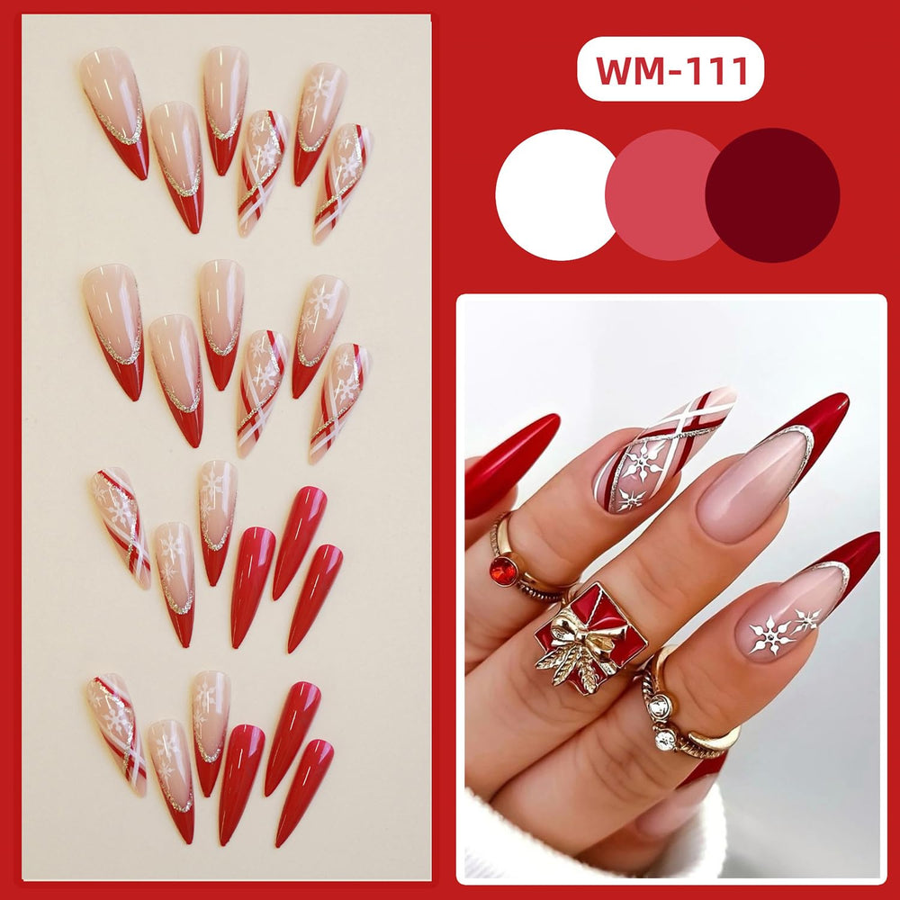 24Pcs Christmas red french tip nails snowflake closeup shows seasonal nail art