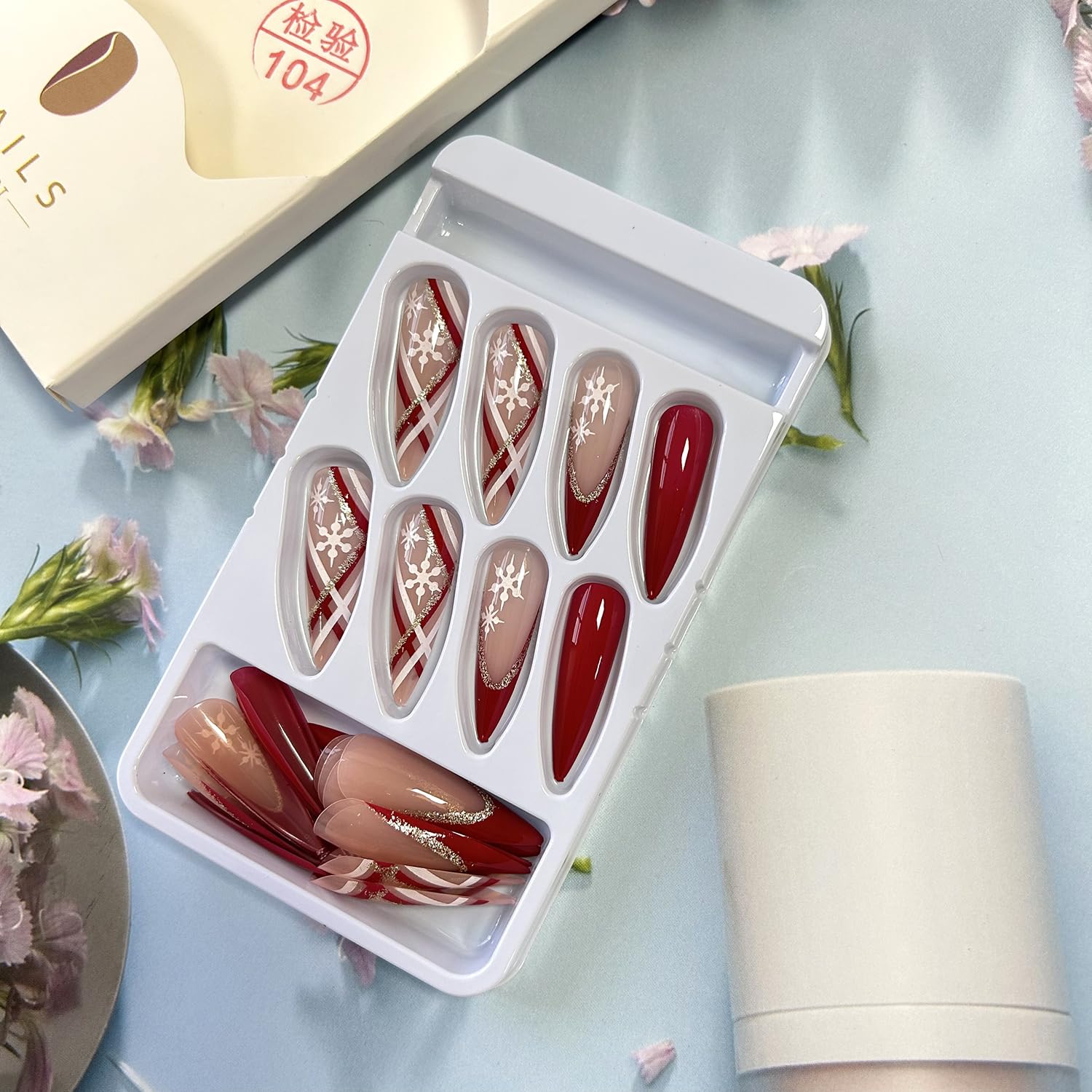 24Pcs Christmas red french tip press on nails application process demonstration