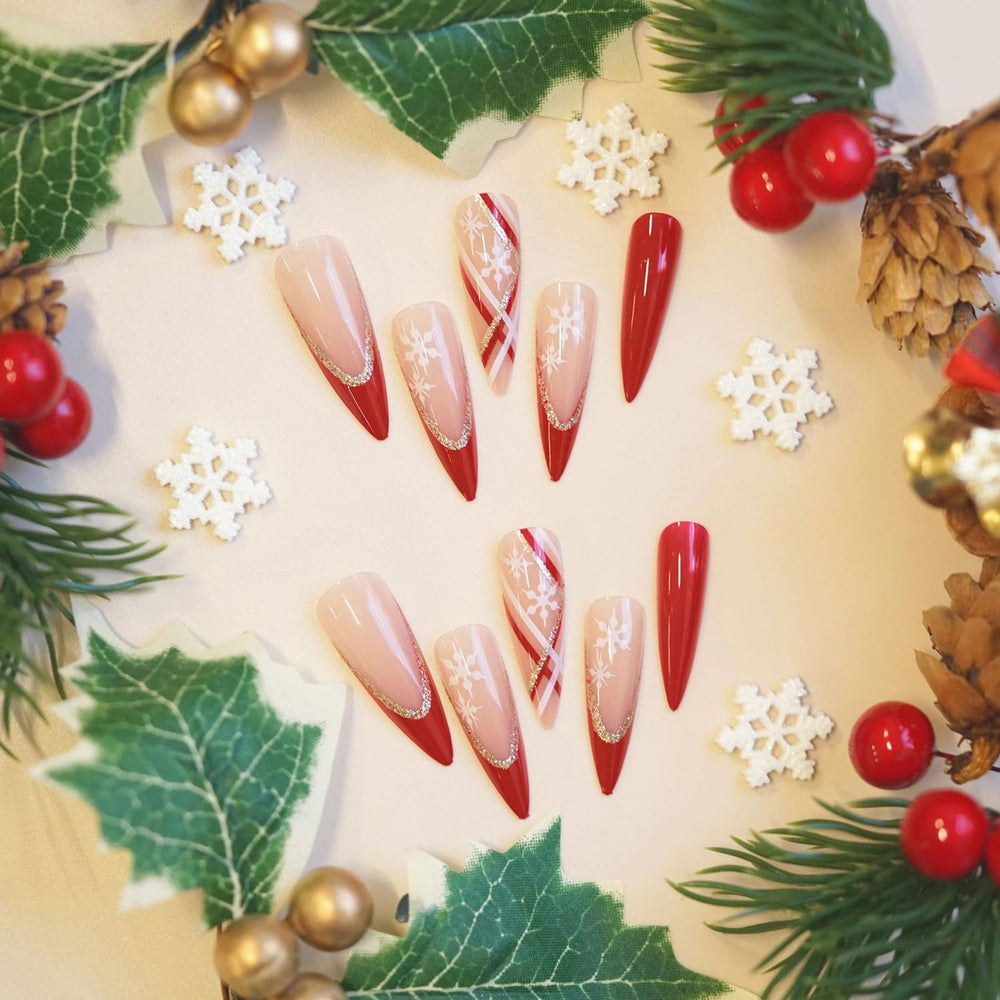 24Pcs Christmas red french tip nails silver glitter stripe closeup highlights festive sparkle