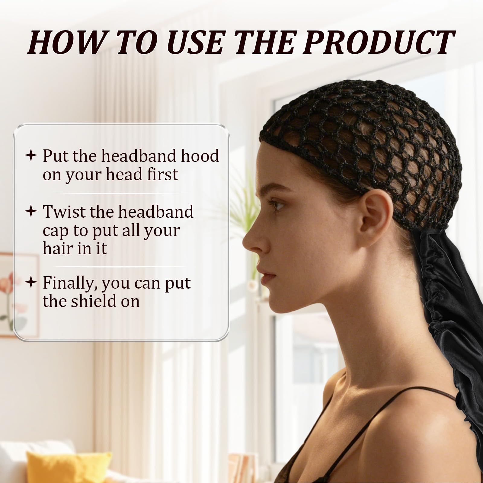 2 In1 Wrap Cap Bonnet Reversible night use illustrates gentle sleep protection for curls.