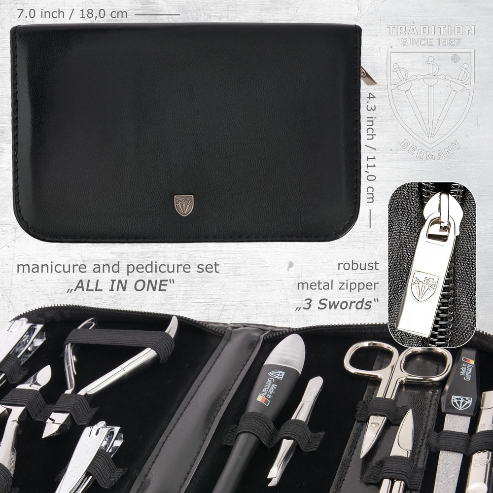 3 Swords Germany tweezers and sapphire file—ergonomic grip for reliable nail grooming.