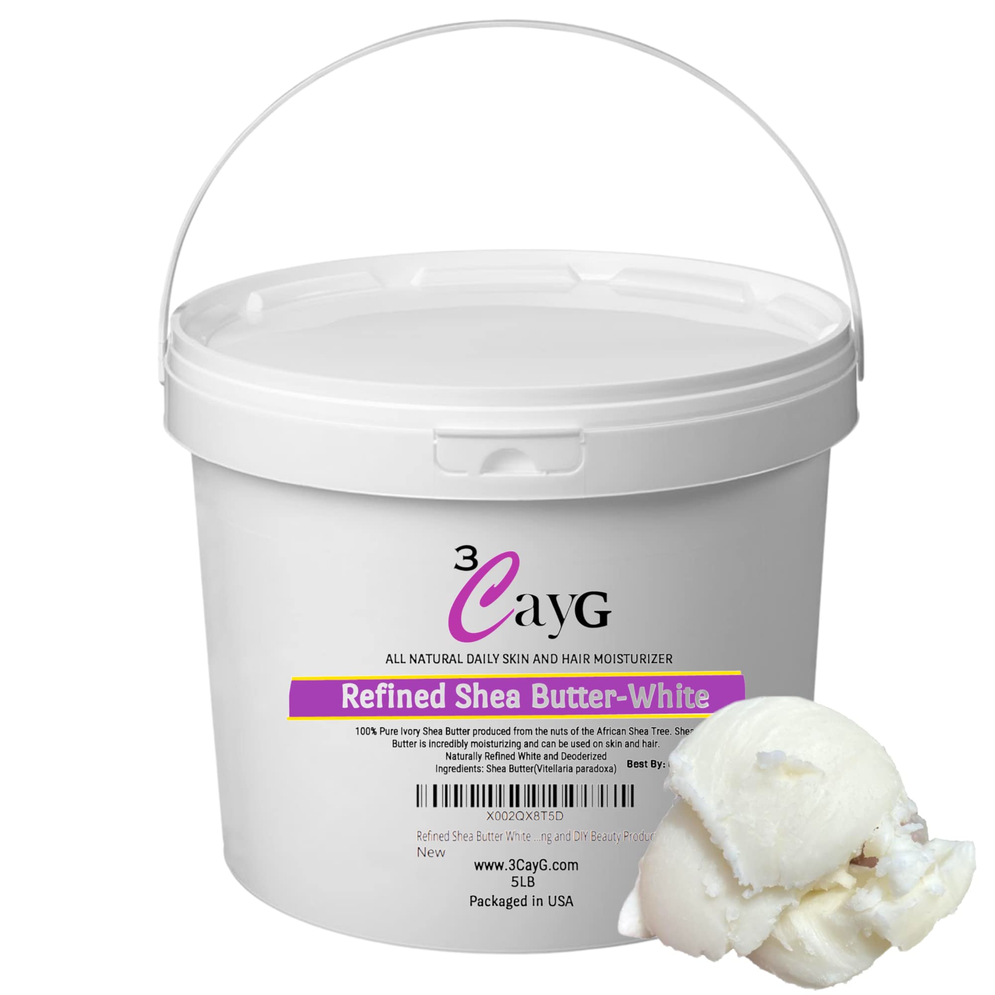 3CAYG refined white shea butter in pail, nourishing skin and hair care base.