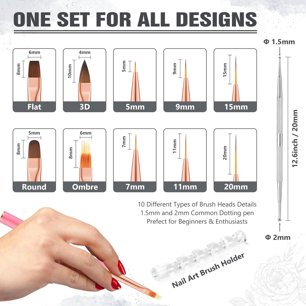 3zorqinron Nail Art Brushes Set detail heads highlight delicate patterns and fine lines.