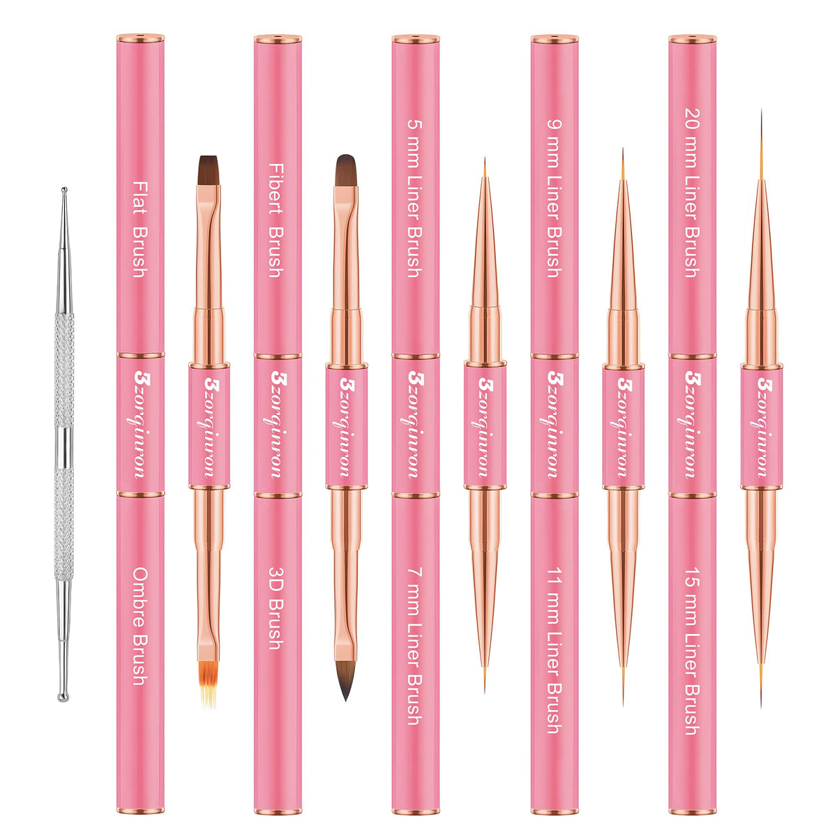 3zorqinron Nail Art Brushes Set with double-ended heads for precise line work and flawless details.