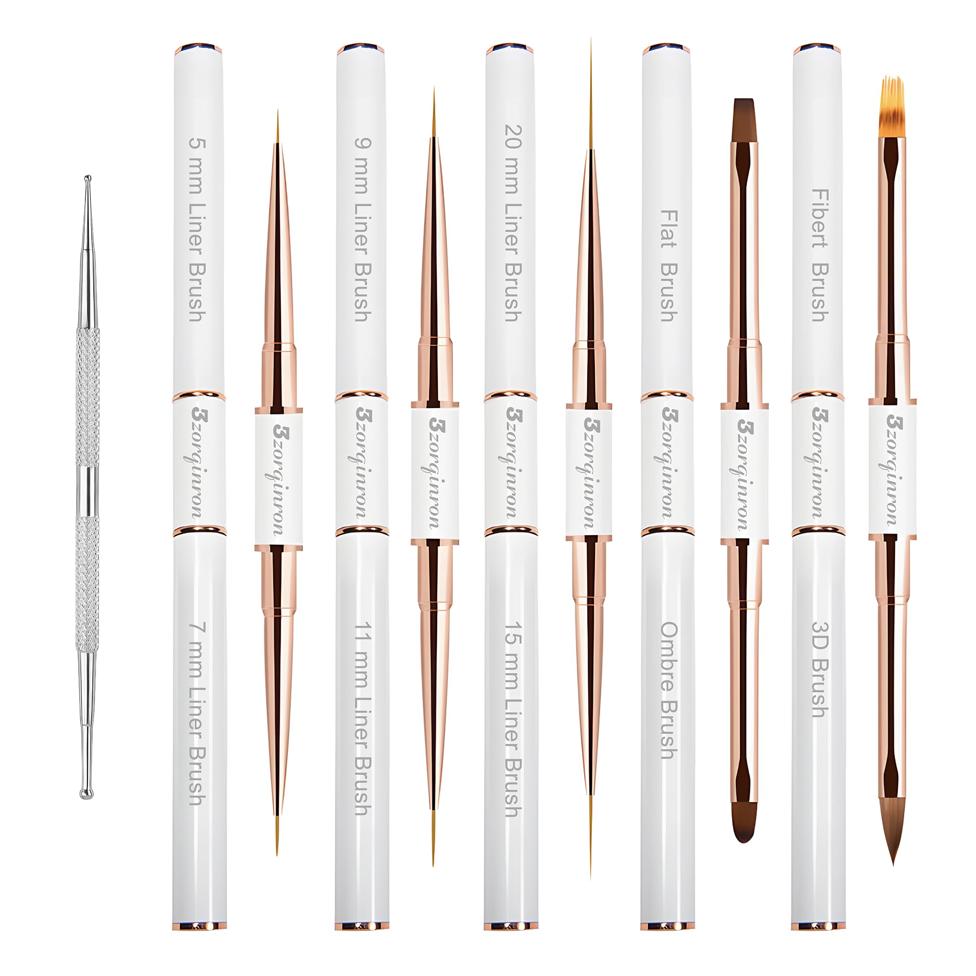 3zorqinron nail art brushes set double-ended close-up shows precision detailing for DIY designs.