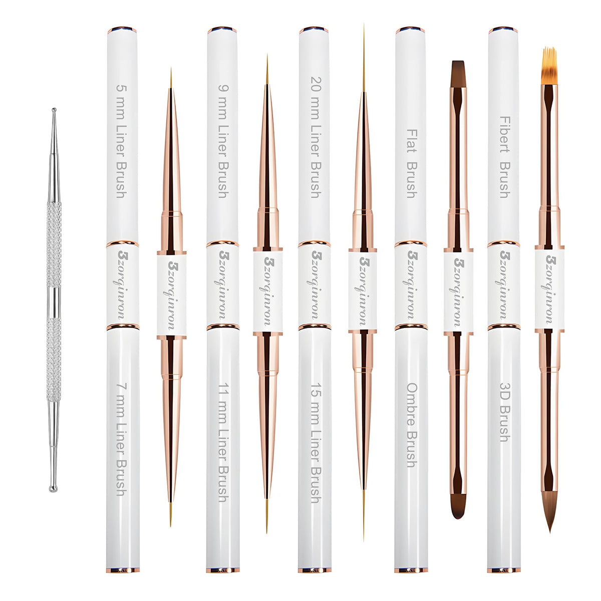 3zorqinron nail art brushes set double-ended close-up shows precision detailing for DIY designs.