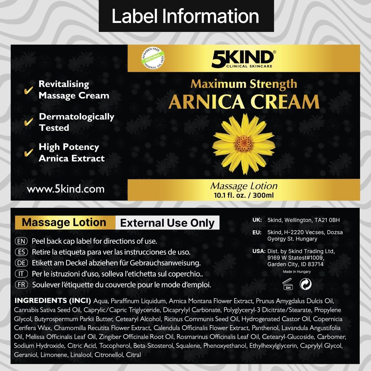 5kind Arnica Cream packaging 10.1 oz convenient at home, gym, or work.