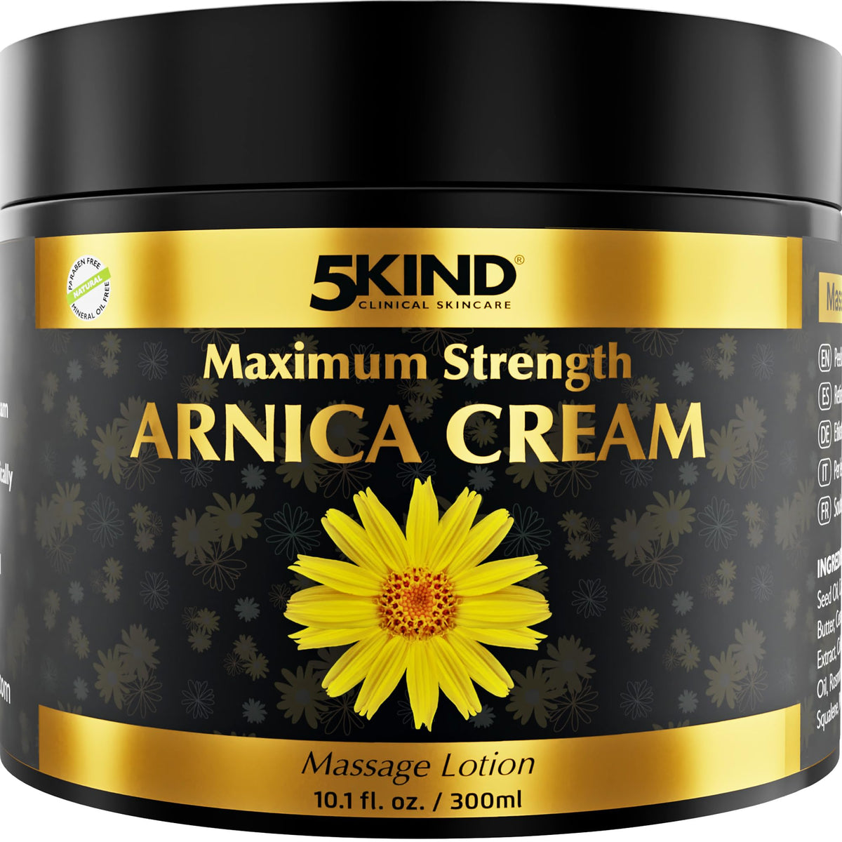 5kind Extra Strong Arnica Cream bottle demonstrates quick, non-greasy absorption for bruises.