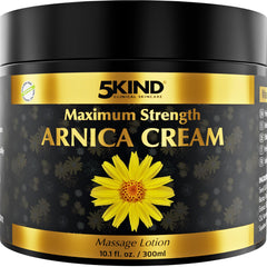 5kind Extra Strong Arnica Cream bottle demonstrates quick, non-greasy absorption for bruises.