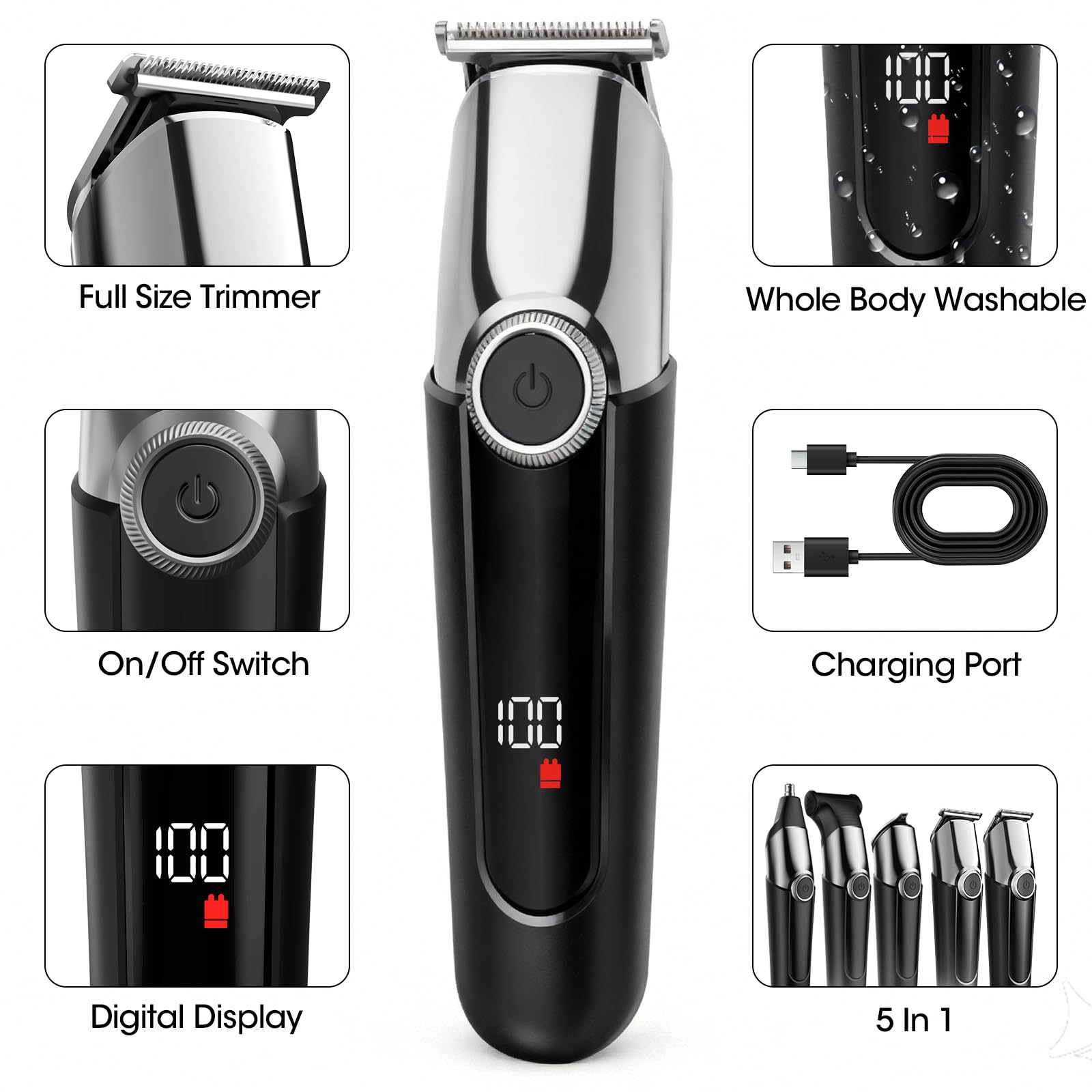 7d24hcare beard trimmer with LED display highlighting battery status for on-the-go grooming