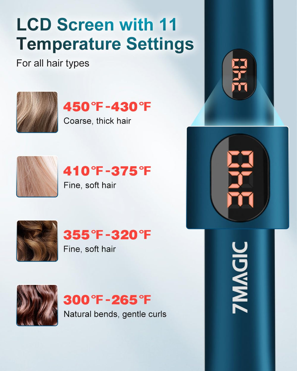 7MAGIC flat iron demonstrates 2-in-1 styling for straight and curled looks.
