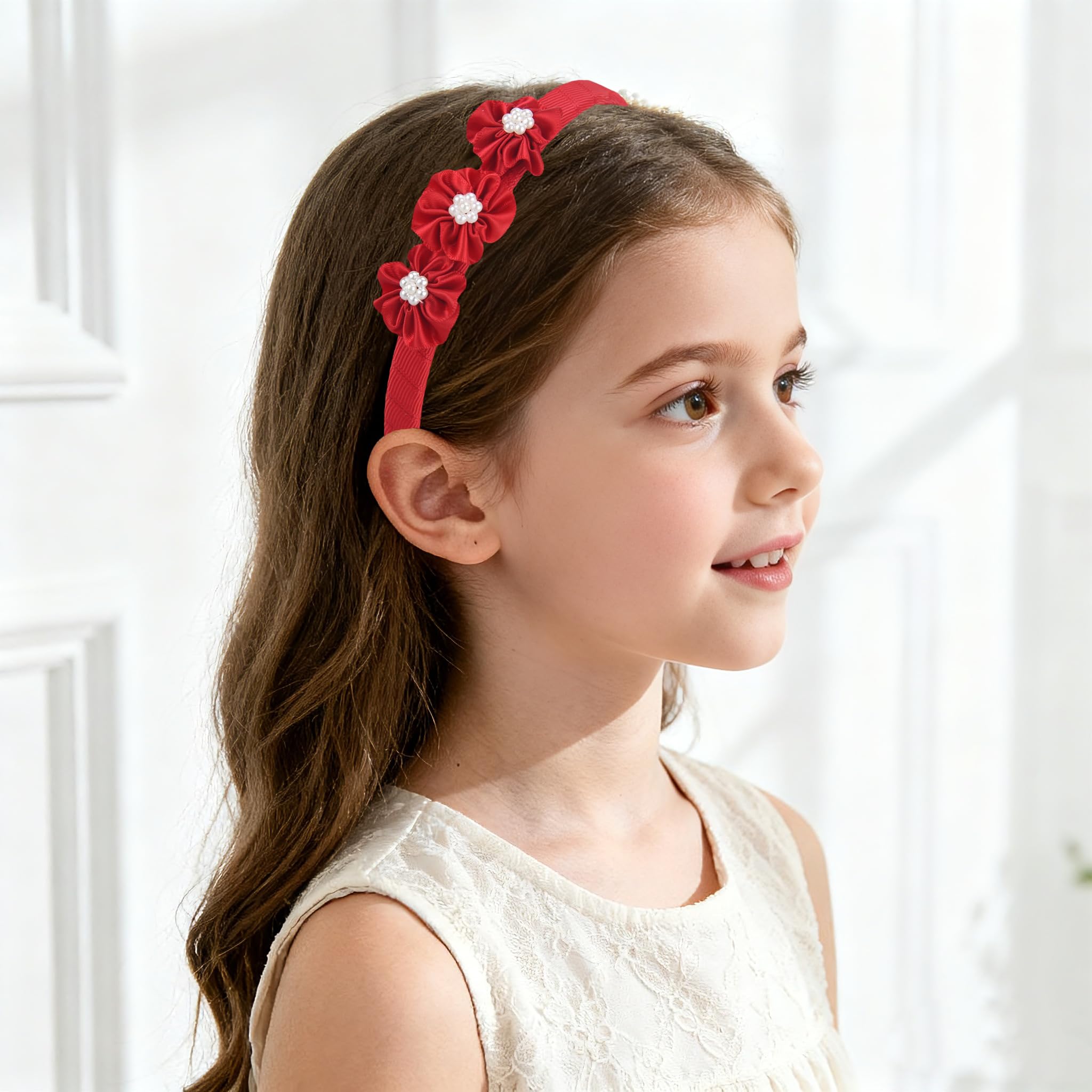 7Rainbows headband showcases pearls and satin bows for elegant everyday dress-up.