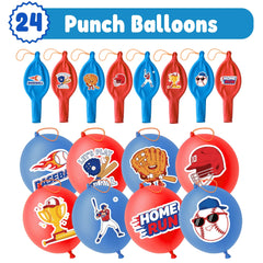 91BALLOONS party favors display with blue and red baseball-themed balloons
