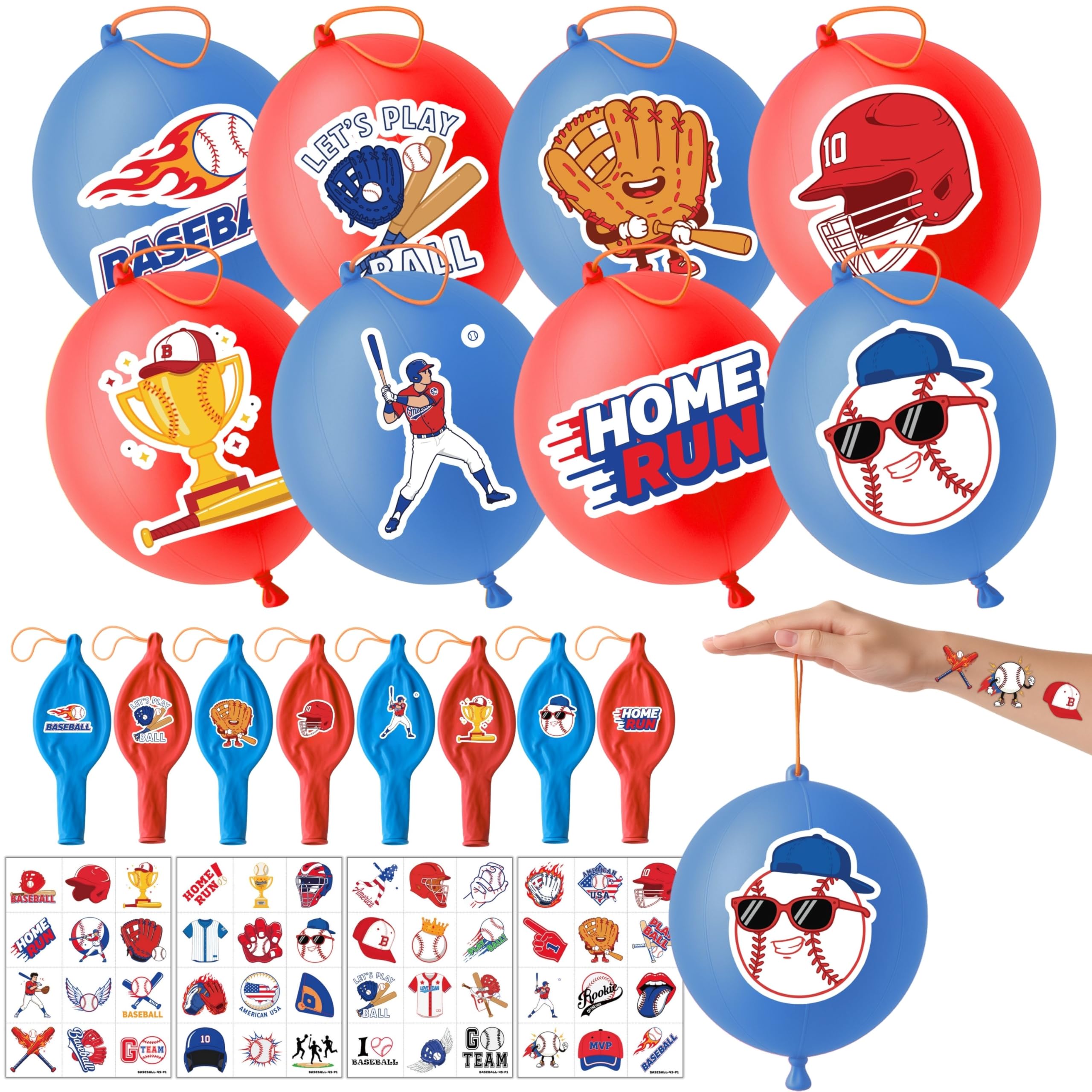 91BALLOONS baseball punch balloons in blue and red ready for party decor and play