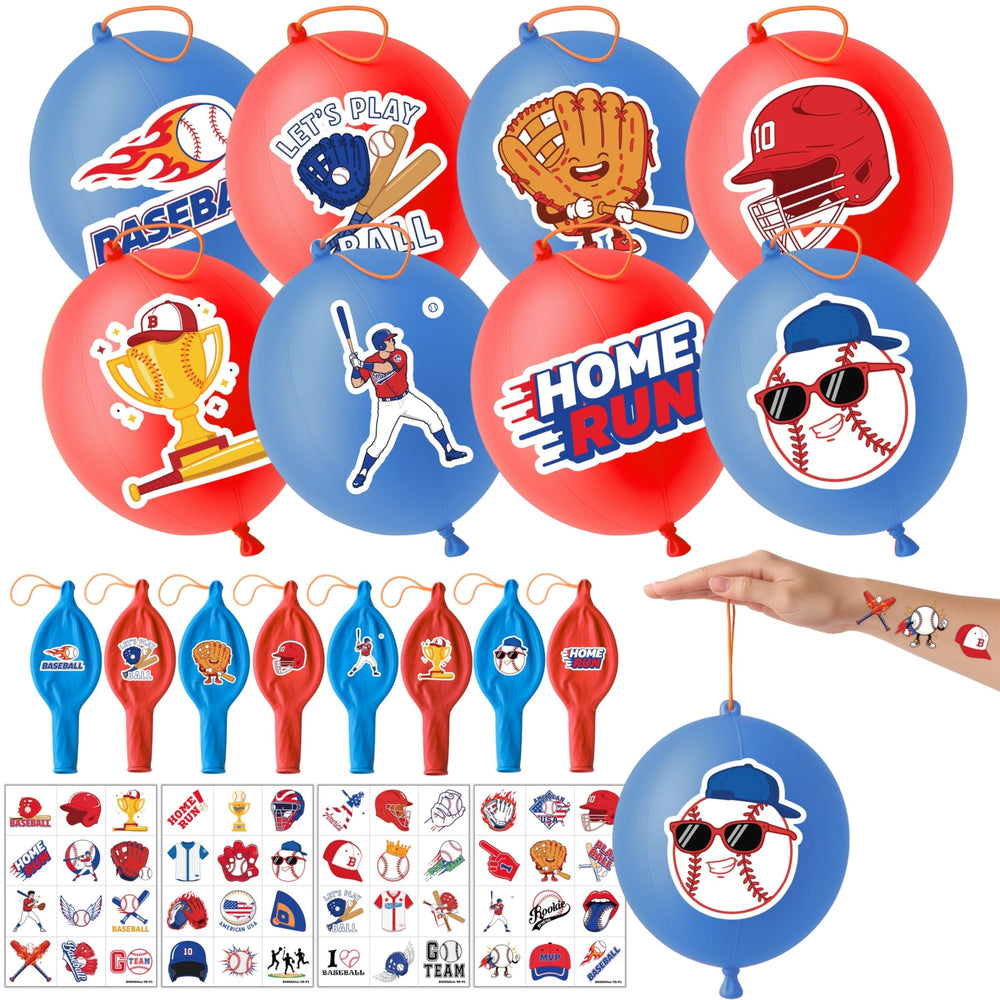 91BALLOONS baseball punch balloons in blue and red ready for party decor and play