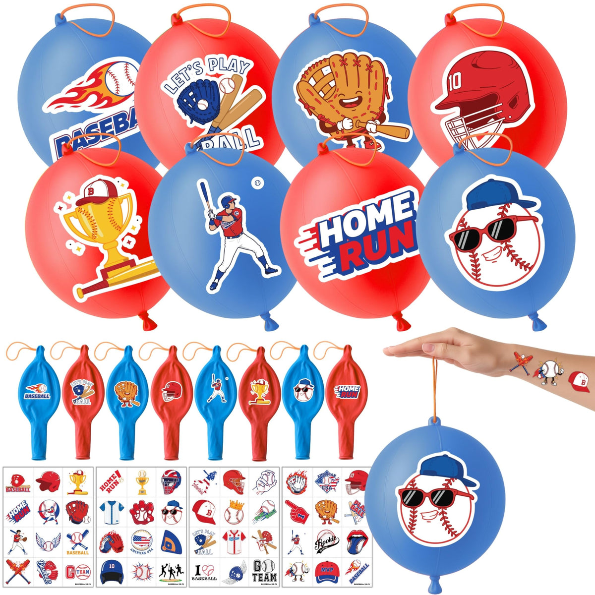 91BALLOONS baseball punch balloons in blue and red ready for party decor and play