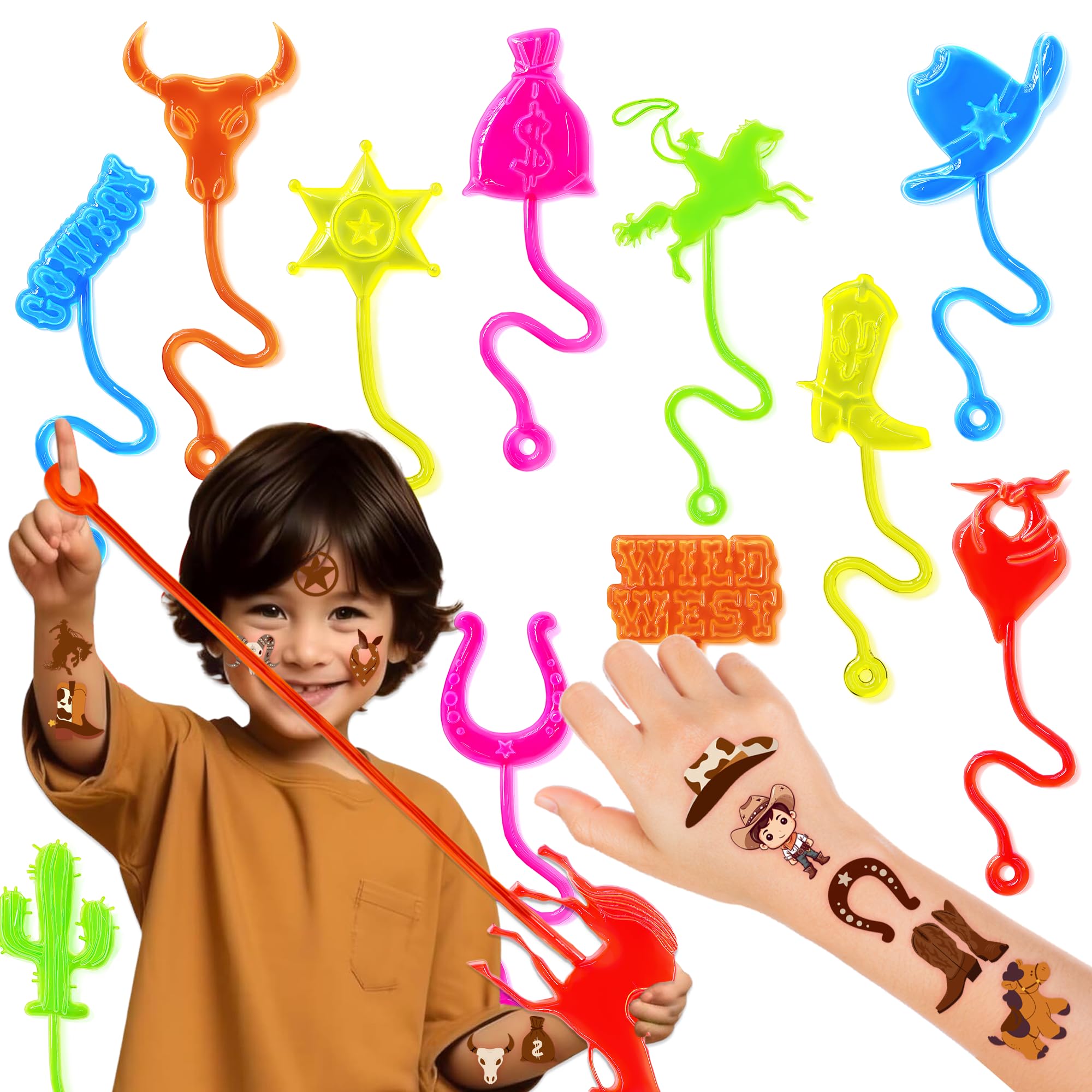 The 91STICKYHAND cowboy-stick-hands-pack features 24 colorful designs for party favors.