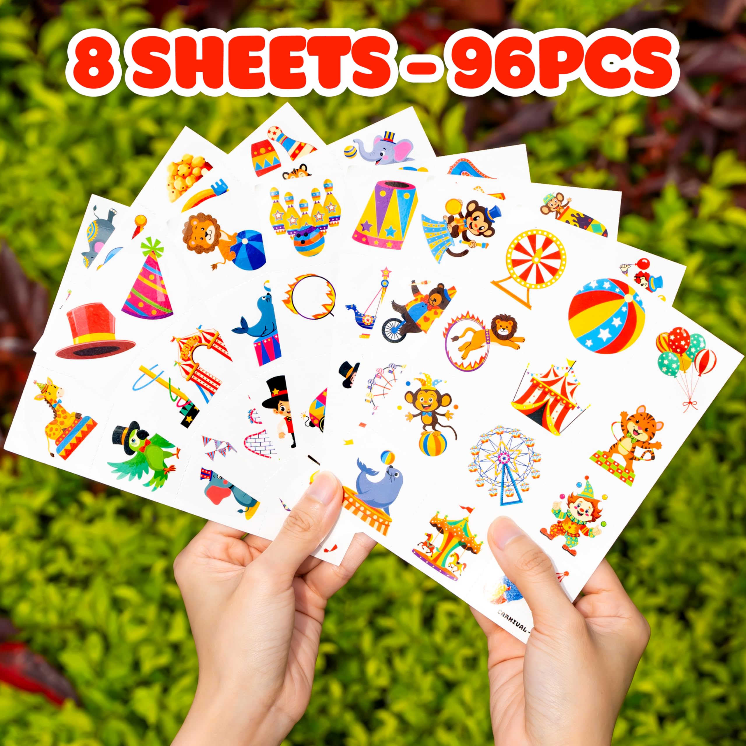 91TATTOOS 8-sheets-96-pcs-packaging shows convenient pre-cut tattoos for quick party fun