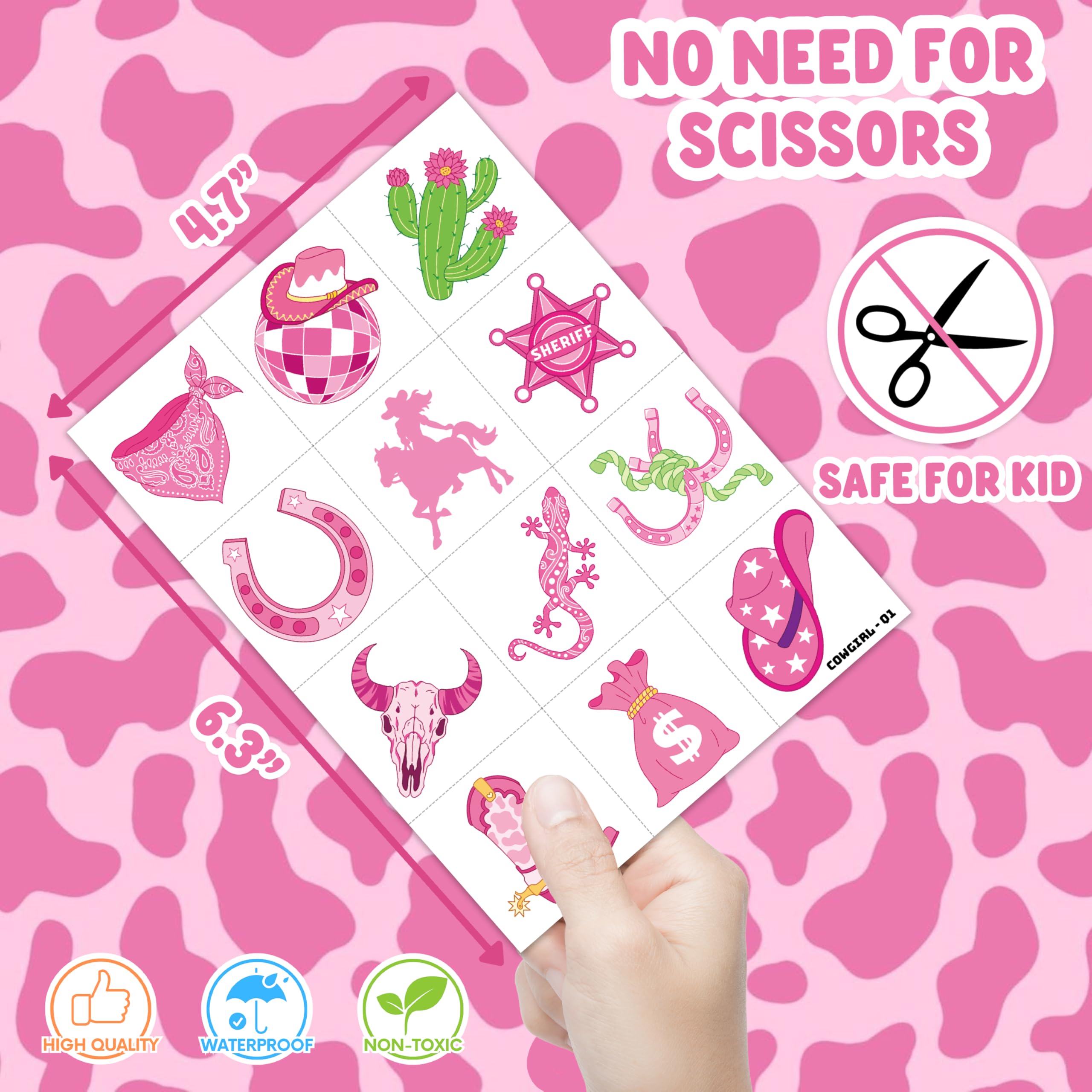 91TATTOOS pink disco cowgirl cow-print tattoo sheet offers versatile body art.