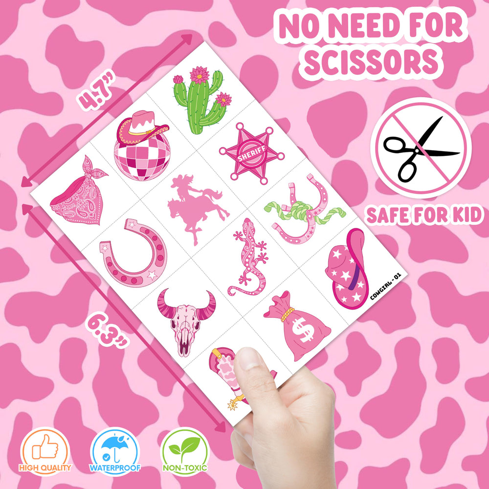 91TATTOOS pink disco cowgirl cow-print tattoo sheet offers versatile body art.