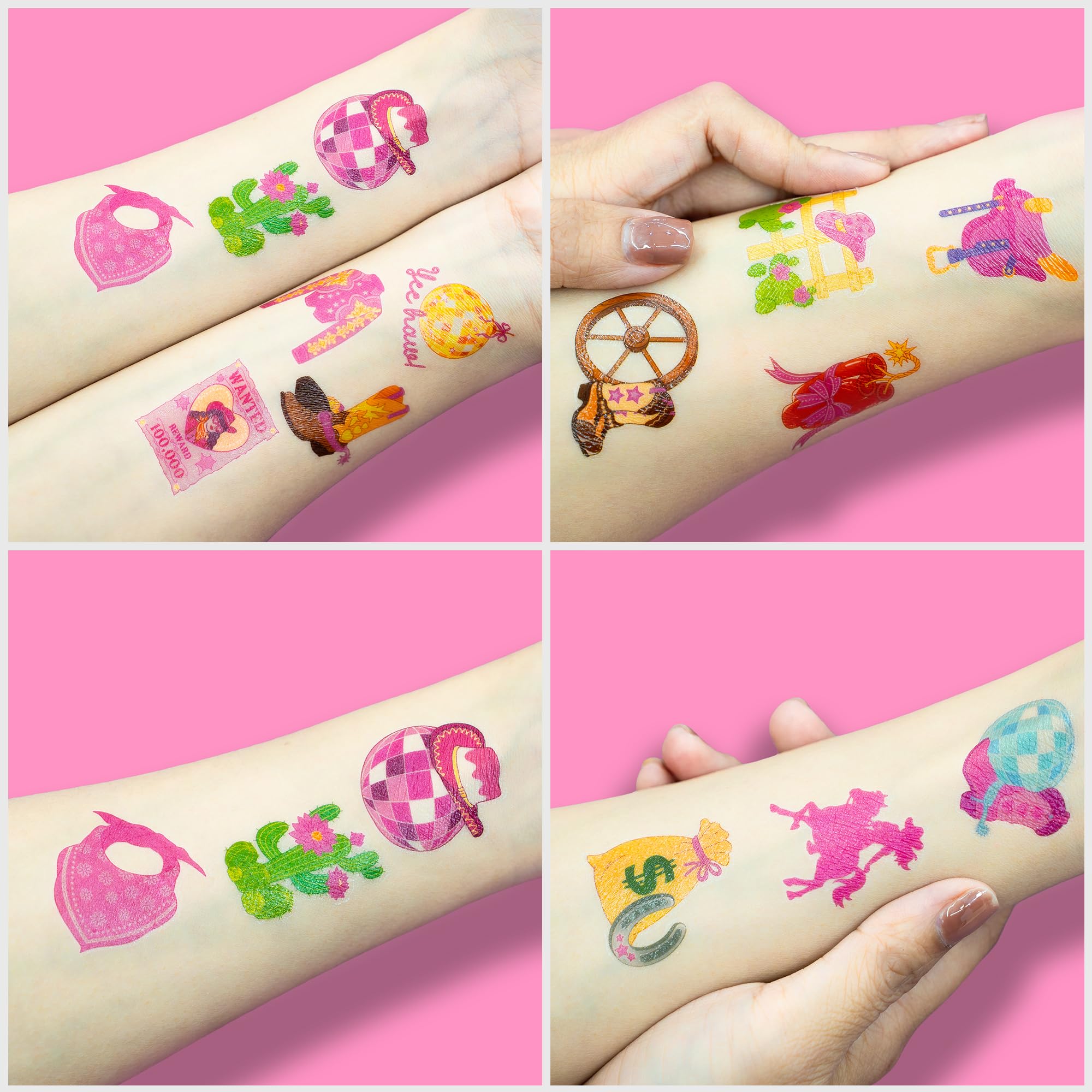 91TATTOOS pink disco western hat and boots tattoo mini-designs for DIY decor.