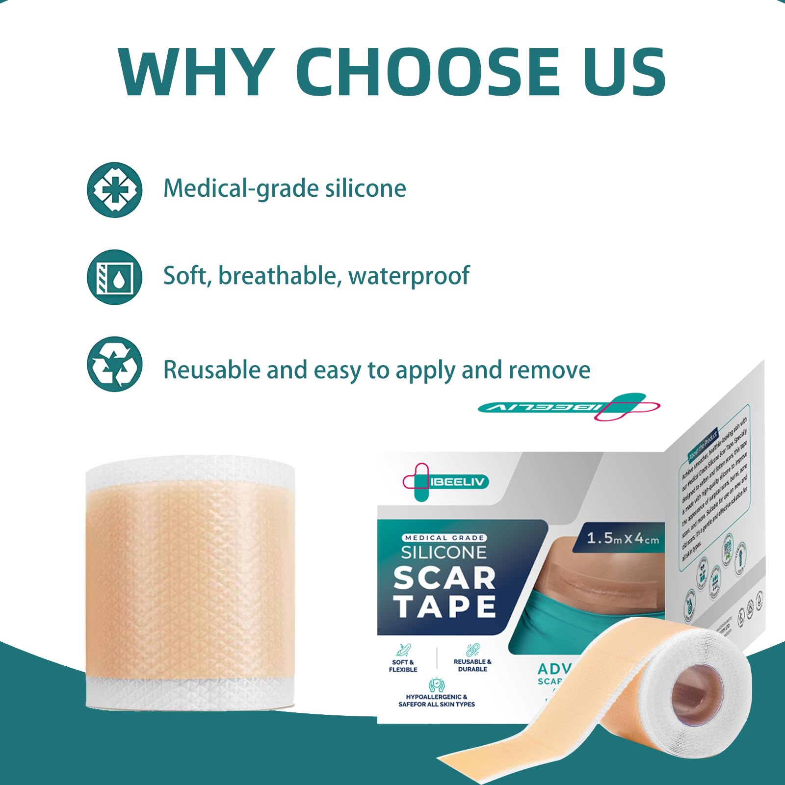 IBEELIV silicone scar gel sheets application shows easy-to-use scar care routine.