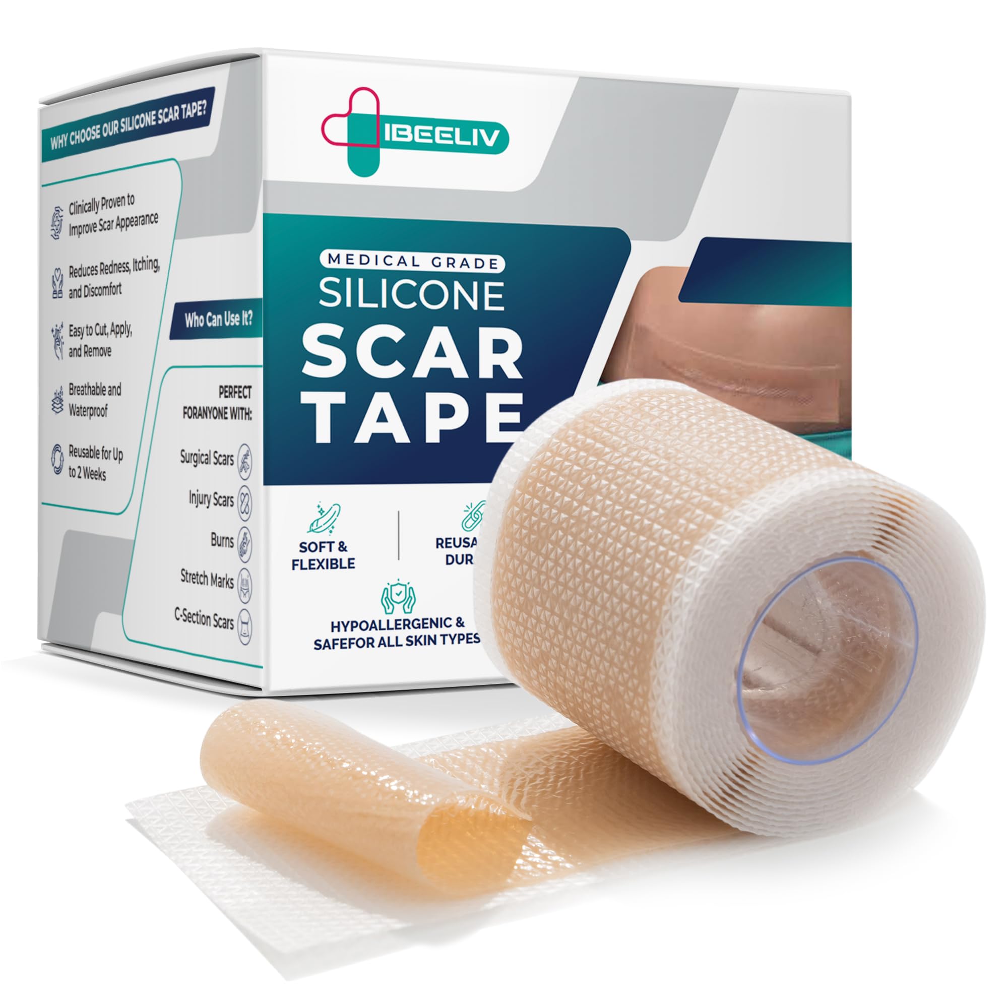 IBEELIV silicone scar gel sheets packaging highlights medical-grade materials for scar care.