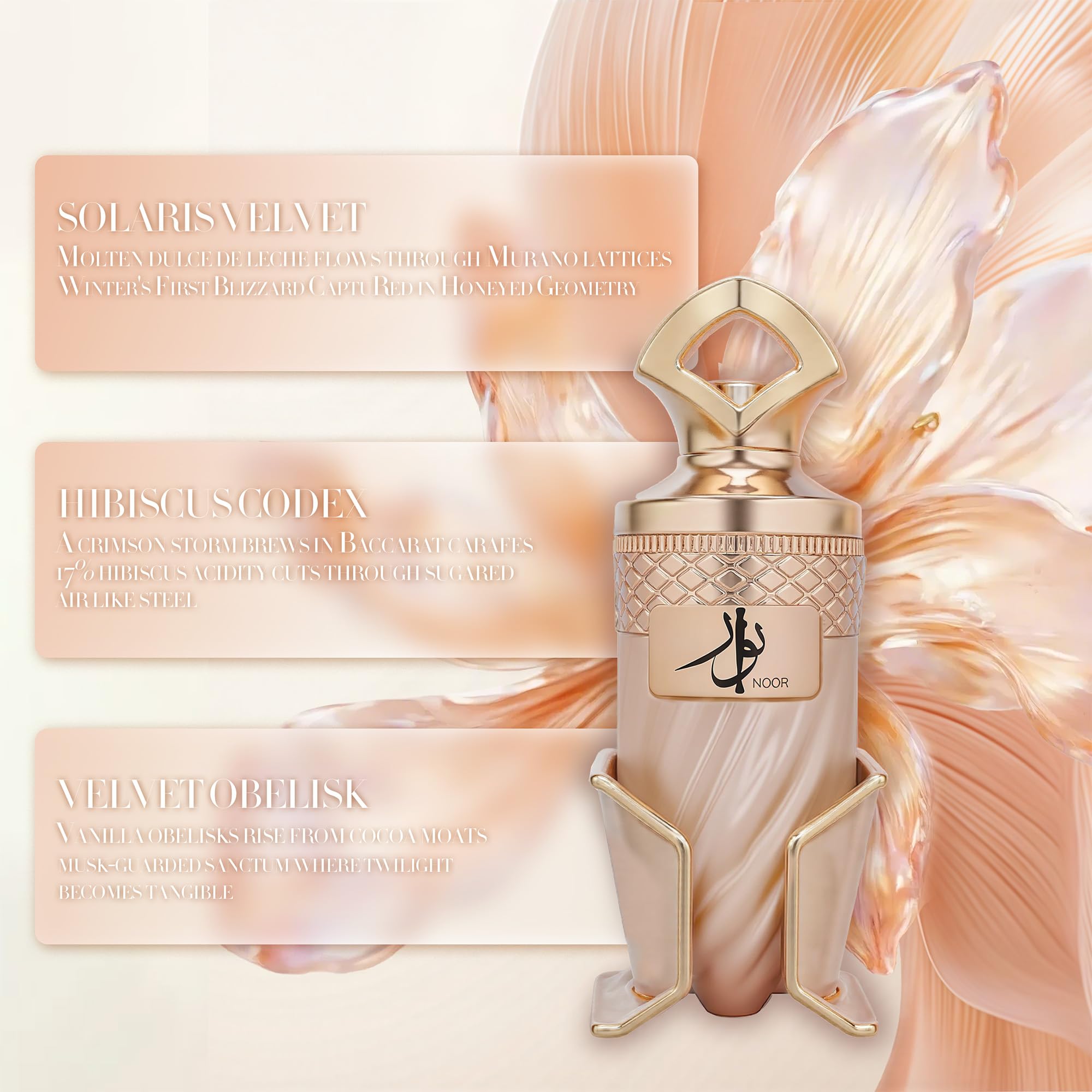 A CENTER Noor scent-evolution timeline captures caramel, praline and vanilla layering.