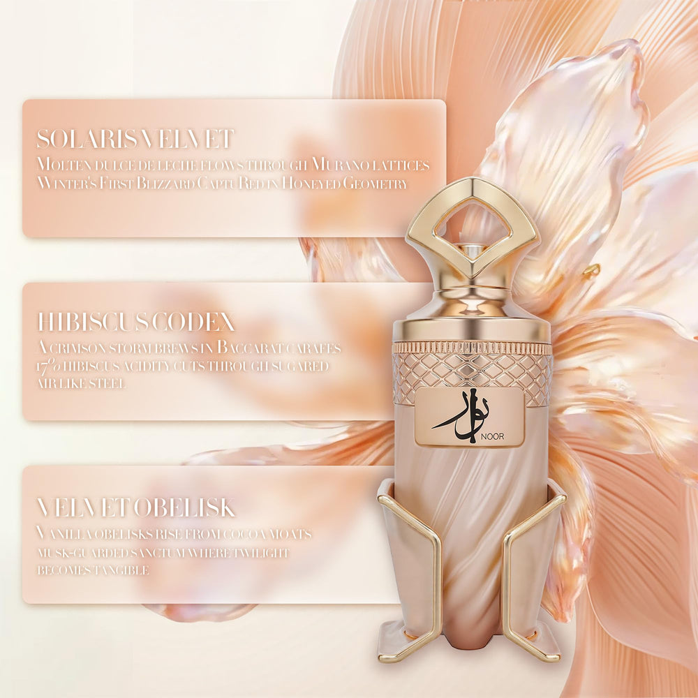 A CENTER Noor scent-evolution timeline captures caramel, praline and vanilla layering.