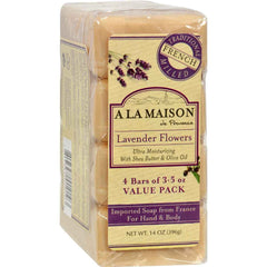 A La Maison Lavender Flower bar soap pack four with soothing lavender scent and skin-softening benefit.