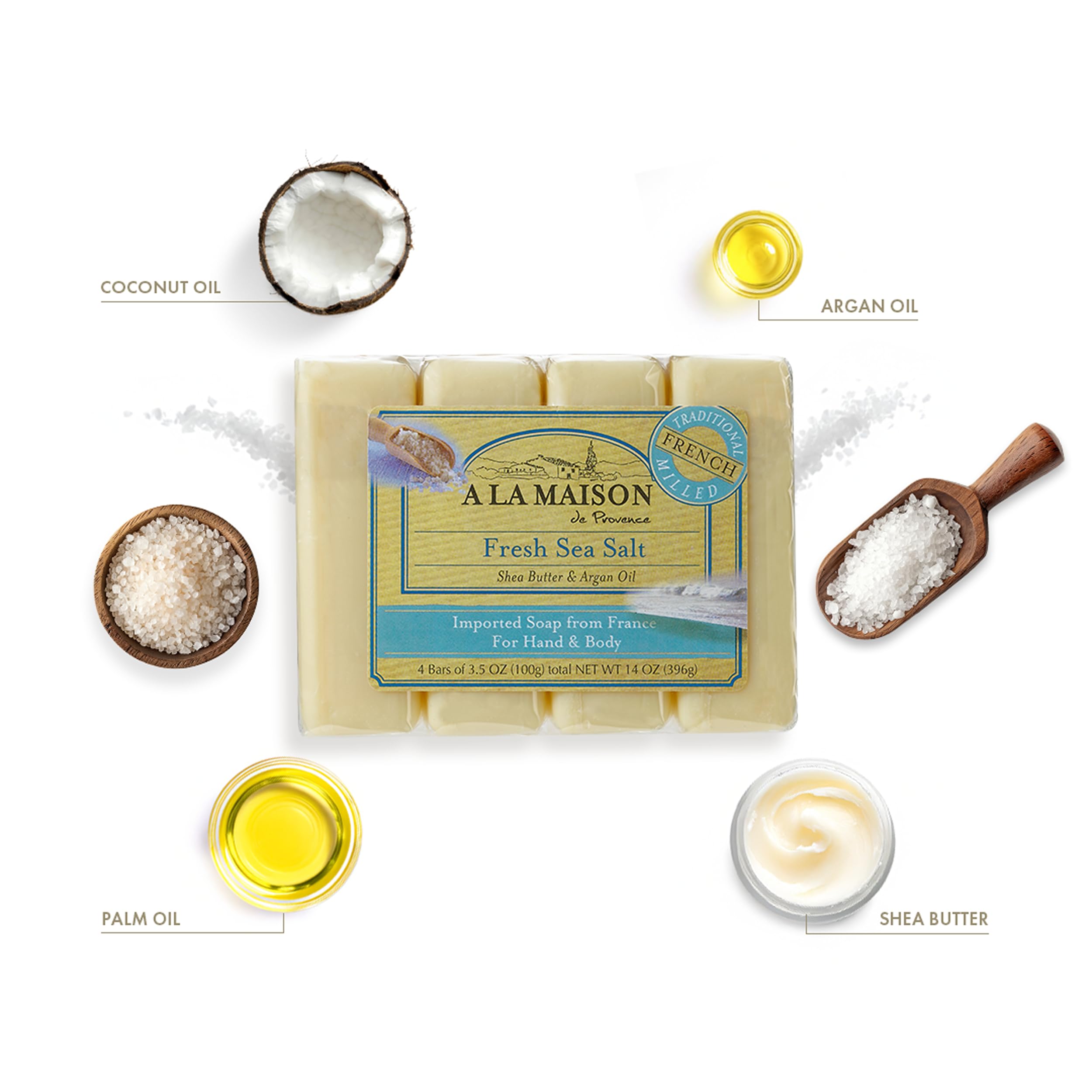 A LA MAISON barra jabón sal marina fresca, espuma cremosa para uso diario.