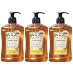A LA MAISON Honeysuckle liquid soap bottle for gentle cleansing and Provence-style luxury.
