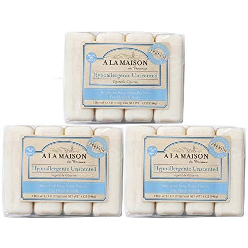 A LA MAISON hypoallergenic unscented bar soap enriched with nourishing oils for hydration.