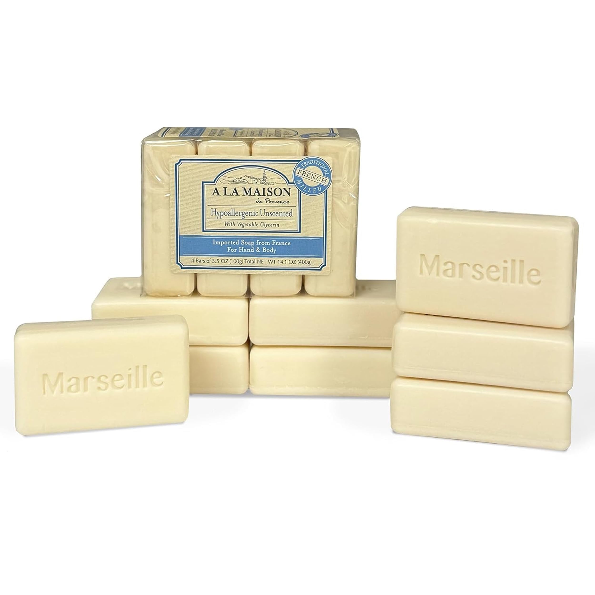 A LA MAISON hypoallergenic unscented bar soap packaging—daily cleansing with long-lasting bars.