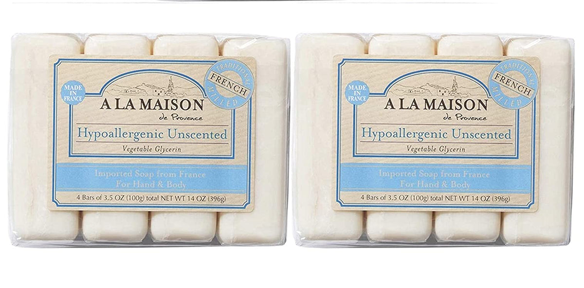 A La Maison hypoallergenic unscented bar soap pack shot for gentle cleansing.