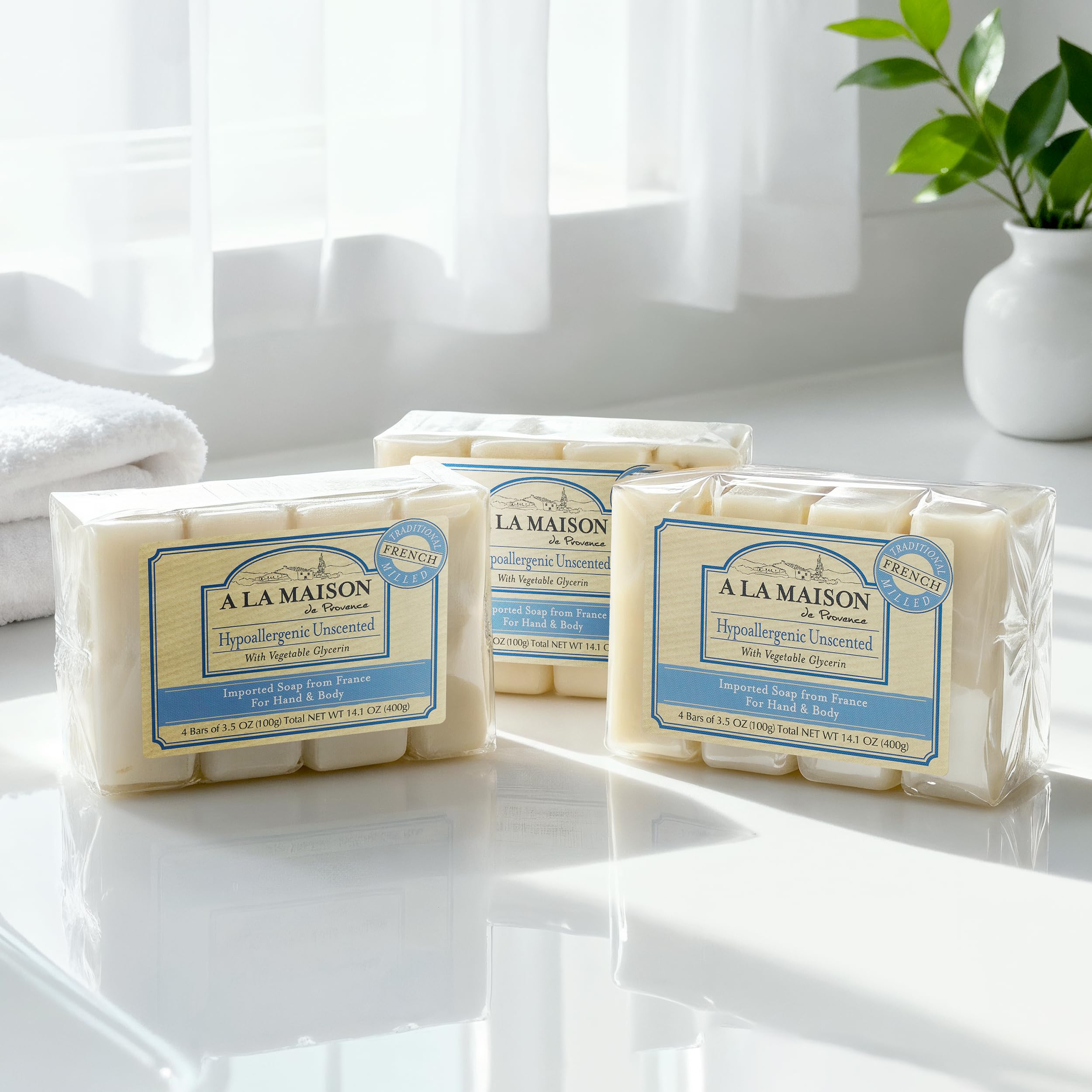 A LA MAISON hypoallergenic unscented bar soap silky-lather close-up for a smooth rinse.